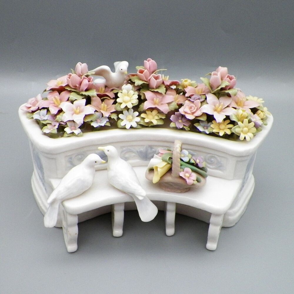 Vernetti Porcelain Music Box Double Doves on Garden Planter Bench Figurine